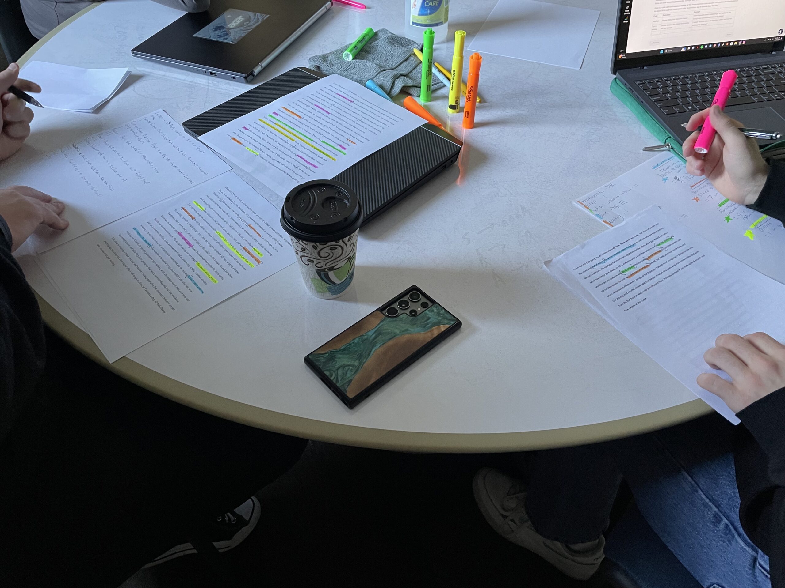 Students work on content analysis using highlighters on printouts of field notes.